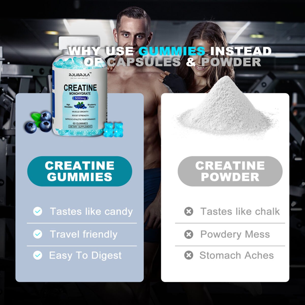 63f91a07 084b 4df9 9110 105b9c733cb6 High Strength Creatine Monohydrate Gummies, Blueberry Flavored Creatine Gummies Monohydrate - 60 Gummies X 2 Bottles