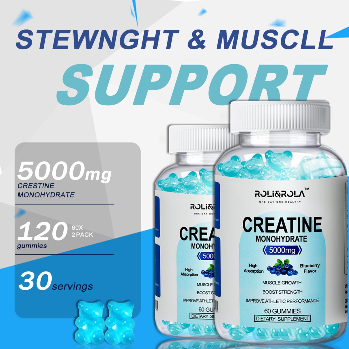 76ad065d f967 4ce7 b4b1 2461d5ce5a70 High Strength Creatine Monohydrate Gummies, Blueberry Flavored Creatine Gummies Monohydrate - 60 Gummies X 2 Bottles